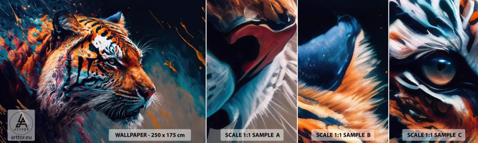 Fototapeten Muster Selbstklebend Deluxe Sticker - Wilde Schönheit - Tiger, Bunt, Tier - 100x30 cm