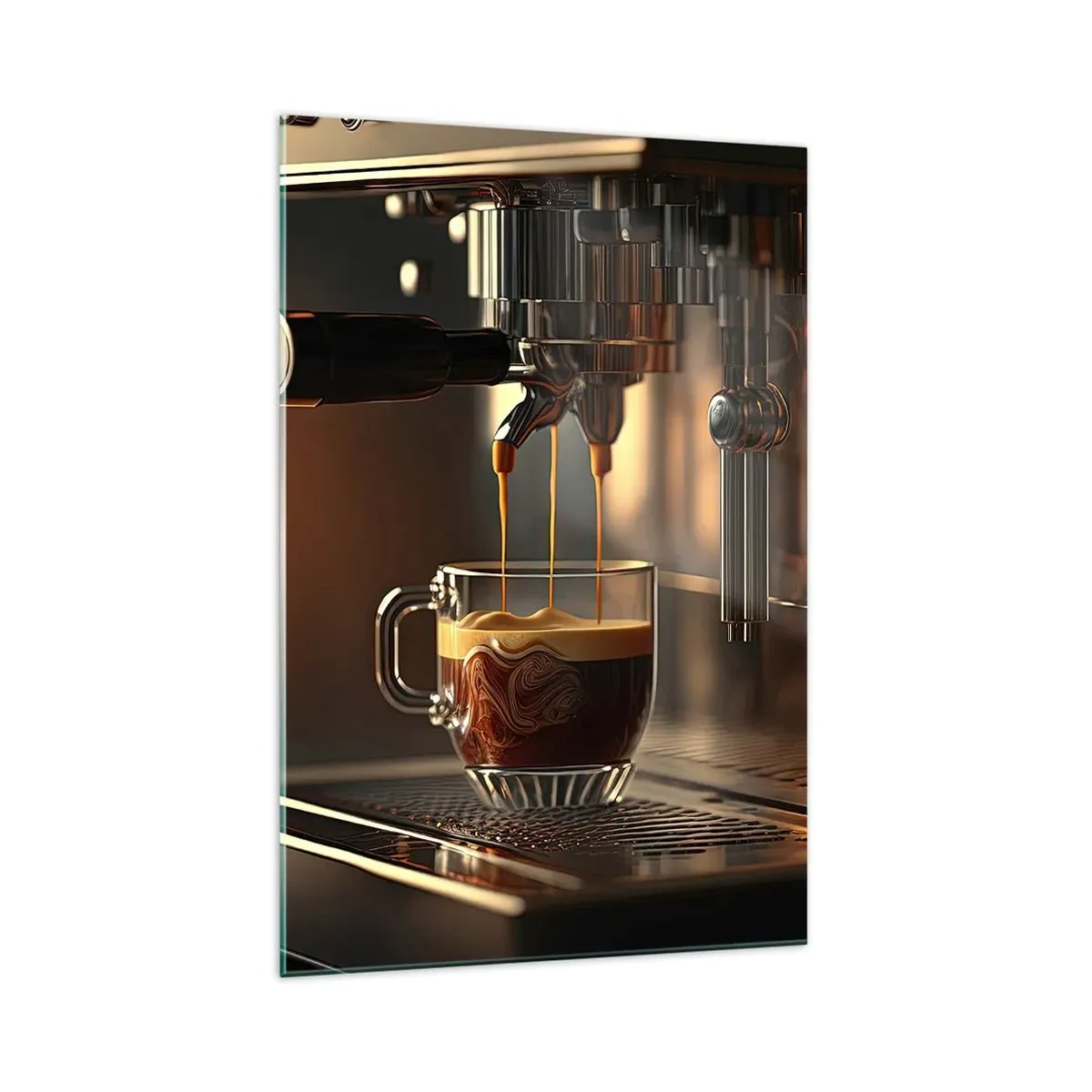 Glasbild - Bild auf glas - Kaffeemaschine mit einer Tasse aromatischem Espresso - 70x100cm - Sinnliche Mischung - Moderne Wanddekoration für Wohnzimmer und Schlafzimmer ARTTOR