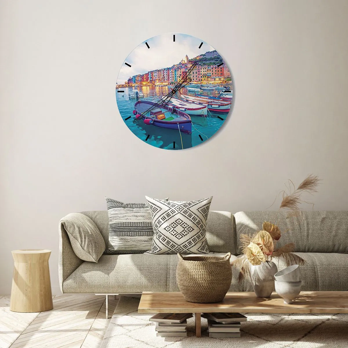Wanduhr - Glasuhr - Bunter Abend im Hafen - 30x30 cm