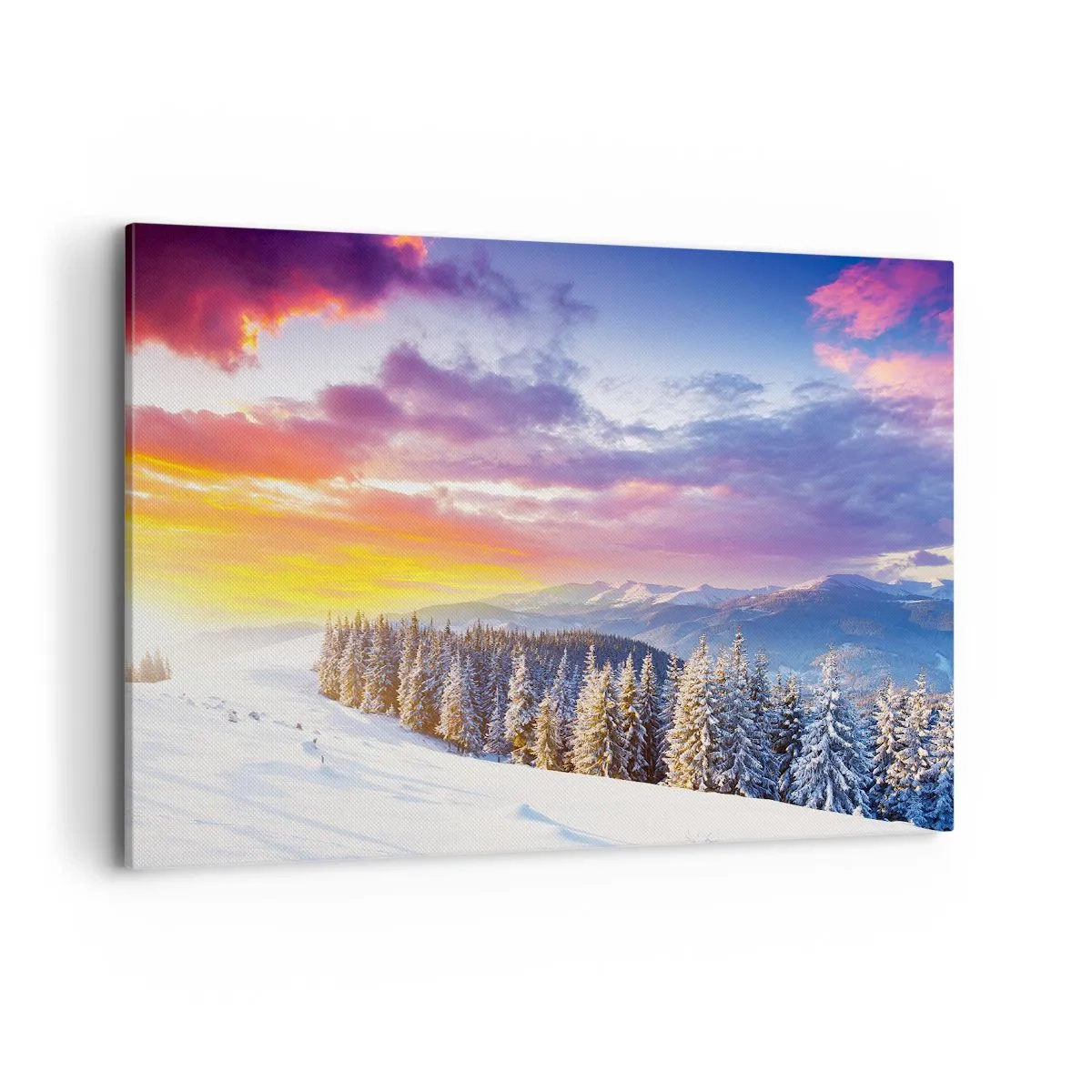 Bild auf Leinwand - Leinwandbild - Winterlandschaft mit Bergen und Wald bei Sonnenuntergang - 100x70cm - Am helllichten Tag - Moderne Wanddekoration für Wohnzimmer und Schlafzimmer ARTTOR