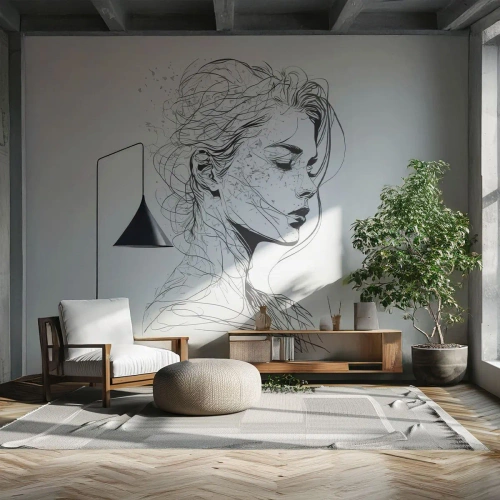 Selbstklebende Fototapete Deluxe Sticker - Porträt im Gedanken - Frau, Porträt, Linie - 350x256 cm