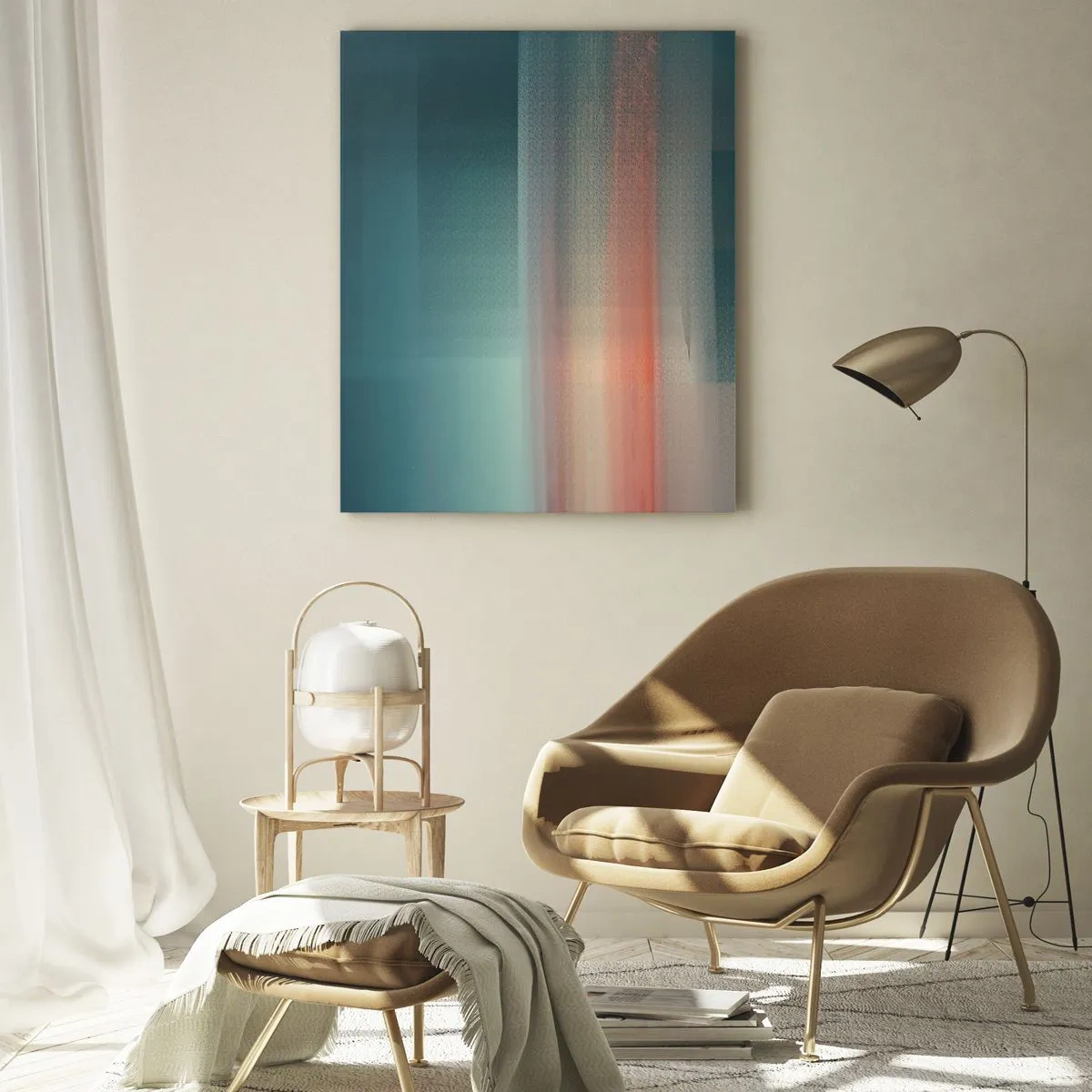 Glasbild - Bild auf glas - Eine pastellfarbene Abstraktion, die an Lichtwellen bei Sonnenuntergang erinnert. - 50x70cm - Abstraktion: Lichtwellen - Moderne Wanddekoration für Wohnzimmer und Schlafzimmer ARTTOR