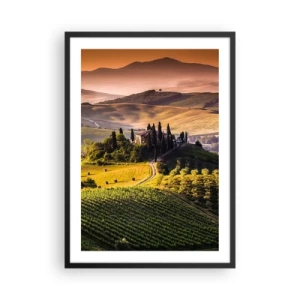 Poster in einem schwarzem Rahmen - Toskanische Landschaft mit Weinbergen bei Sonnenuntergang - 50x70cm - Arkadien - die toskanische Landschaft - Moderne Wanddekoration für Wohnzimmer und Schlafzimmer ARTTOR