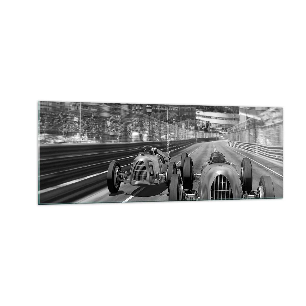 Glasbild - Bild auf glas - Monochrome Retro-Autorennen-Szene - 140x50cm - Vor langer Zeit in Monte Carlo - Moderne Wanddekoration für Wohnzimmer und Schlafzimmer ARTTOR