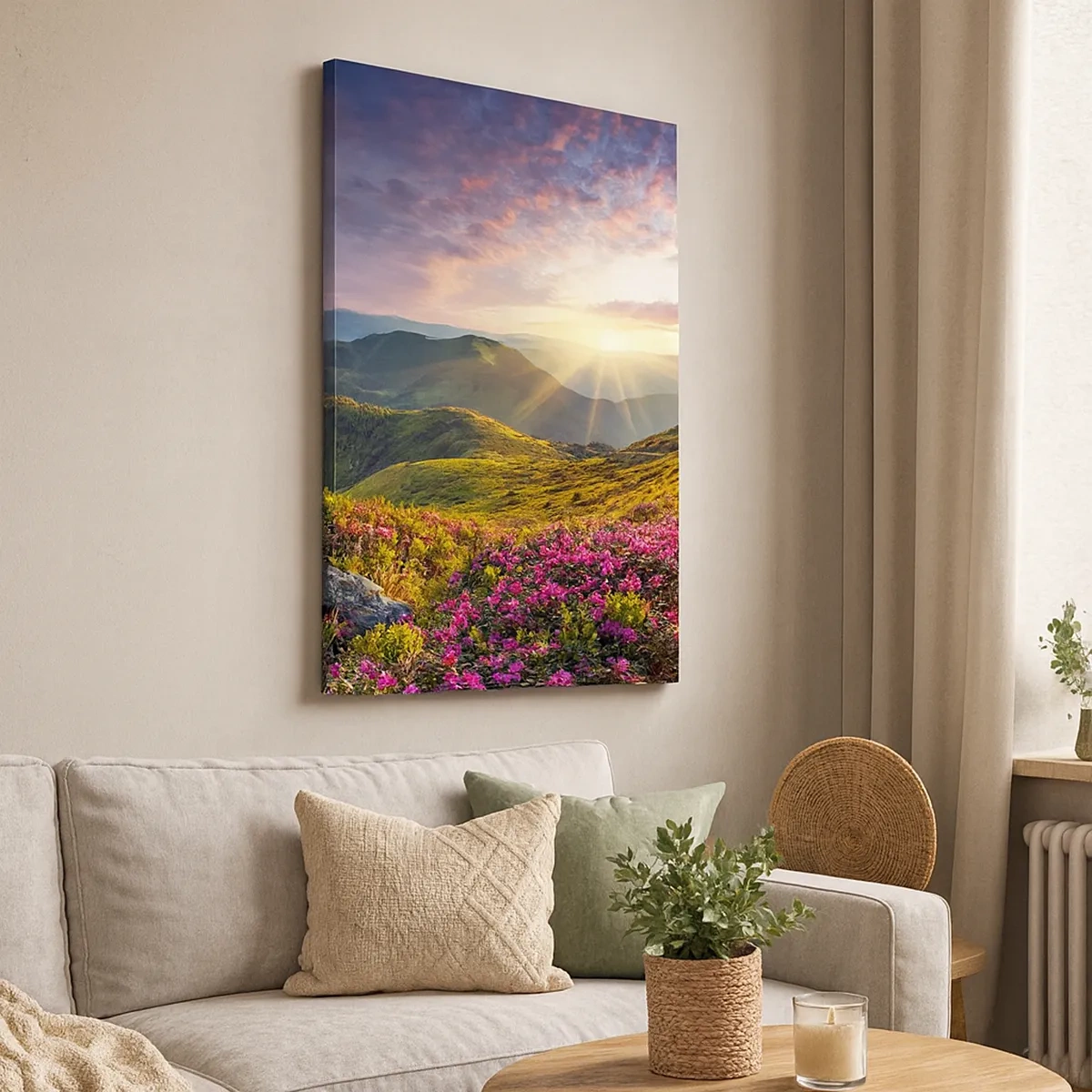 Bild auf Leinwand - Leinwandbild - Berglandschaft mit blühenden Rhododendren - 50x70cm - Frische am Bergmorgen - Moderne Wanddekoration für Wohnzimmer und Schlafzimmer ARTTOR