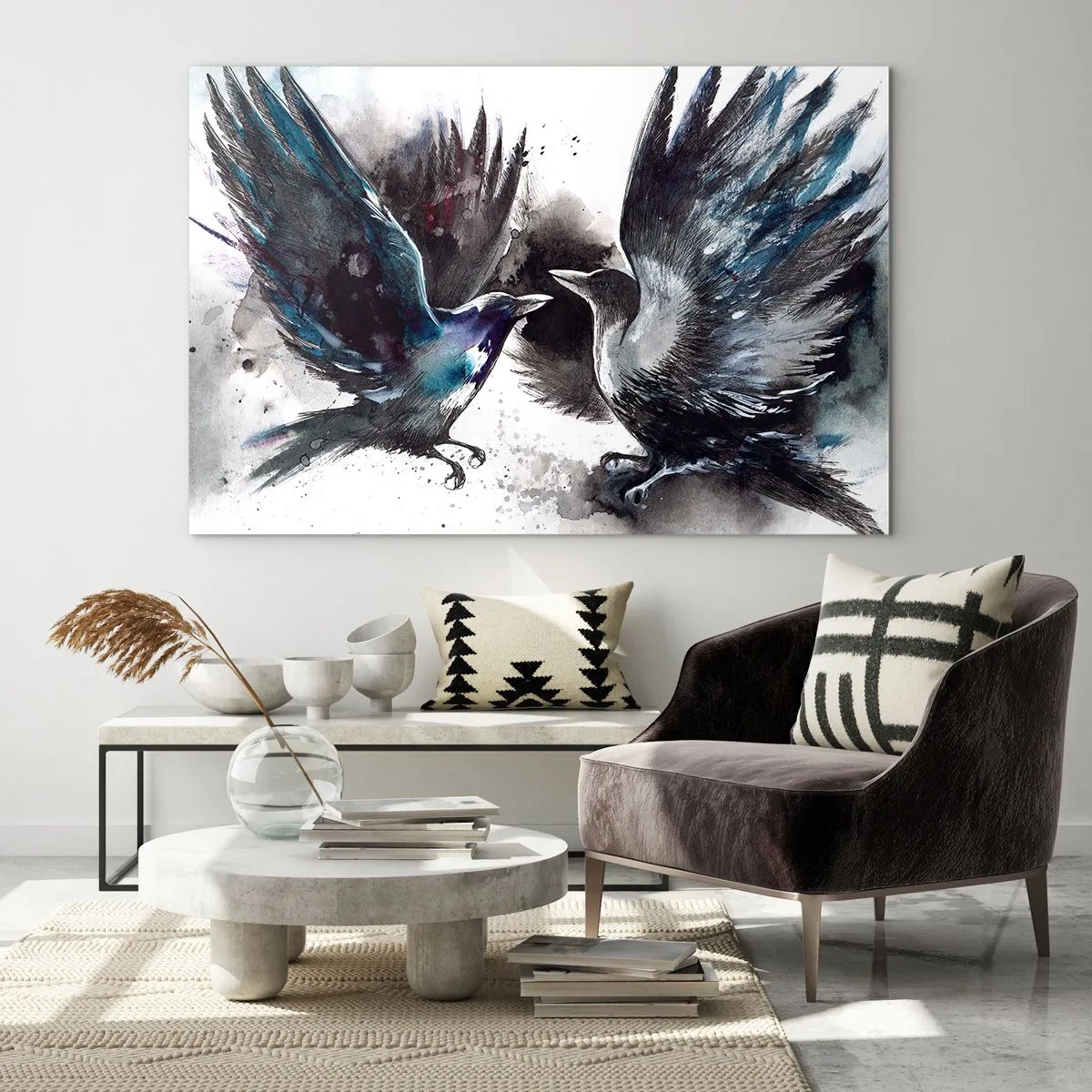 Glasbild - Bild auf glas - Zwei Raben in dynamischer Pose mit ausgebreiteten Flügeln - 70x50cm - Rabe zum Raben ... - Moderne Wanddekoration für Wohnzimmer und Schlafzimmer ARTTOR