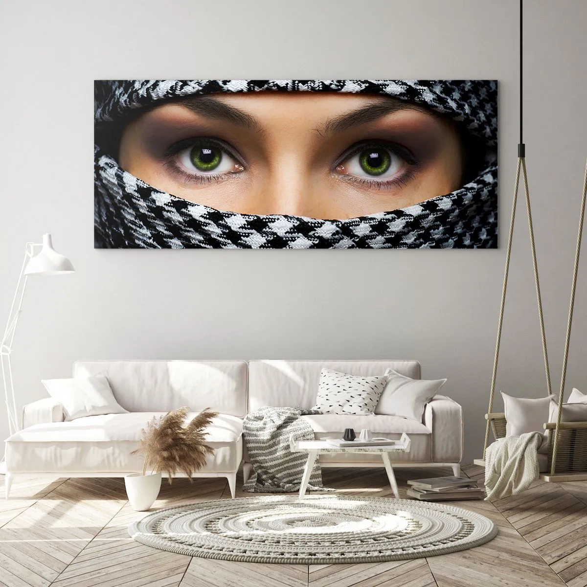 Glasbild - Bild auf glas - Hinter einem schwarz-weiß gemusterten Stoff verbergen sich die grünen Augen einer Frau. - 160x50cm - Ein Porträt einer verschleierten grünäugigen Schönheit - Moderne Wanddekoration für Wohnzimmer und Schlafzimmer ARTTOR