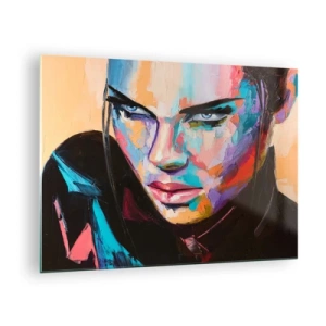 Glasbild - Bild auf glas - Porträt einer Frau in leuchtenden Farben vor abstraktem Hintergrund - 70x50cm - Wild im Herzen - Moderne Wanddekoration für Wohnzimmer und Schlafzimmer ARTTOR