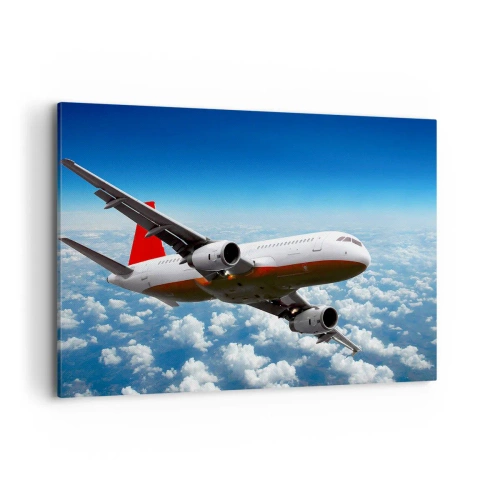 Bild auf Leinwand - Leinwandbild - Ein Passagierflugzeug fliegt über den Wolken vor einem blauen Himmel. - 100x70cm - Entferne dich von allem - Moderne Wanddekoration für Wohnzimmer und Schlafzimmer ARTTOR