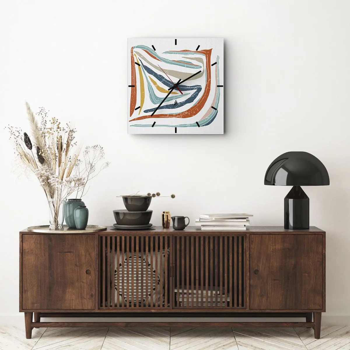 Wanduhr - Glasuhr - Bunte, dynamische Linien in Blau-, Orange- und Beigetönen - 30x30cm - Abstraktion mit einem freundlichen Lächeln - Moderne Wanddekoration für Wohnzimmer und Schlafzimmer ARTTOR