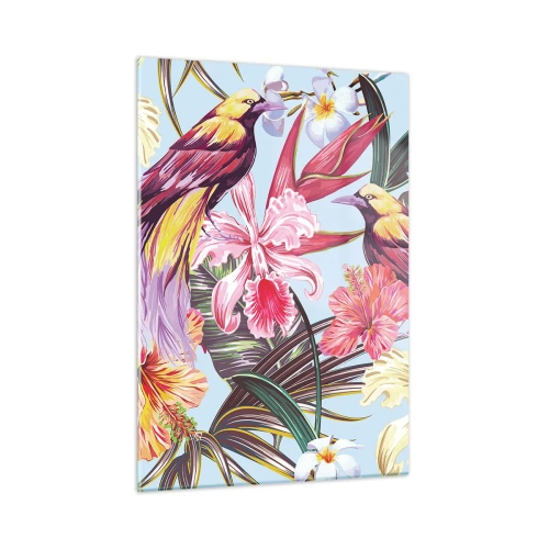 Glasbild - Bild auf glas - Exotische Vögel und Blumen auf hellem Hintergrund - 50x70cm - Blütenblätter und Federn - Moderne Wanddekoration für Wohnzimmer und Schlafzimmer ARTTOR