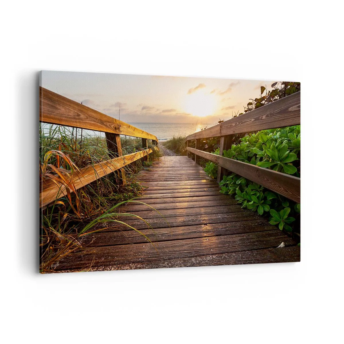 Bild auf Leinwand - Leinwandbild - Holzsteg zum Strand bei Sonnenuntergang - 120x80cm - Und direkt ans Ufer - Moderne Wanddekoration für Wohnzimmer und Schlafzimmer ARTTOR