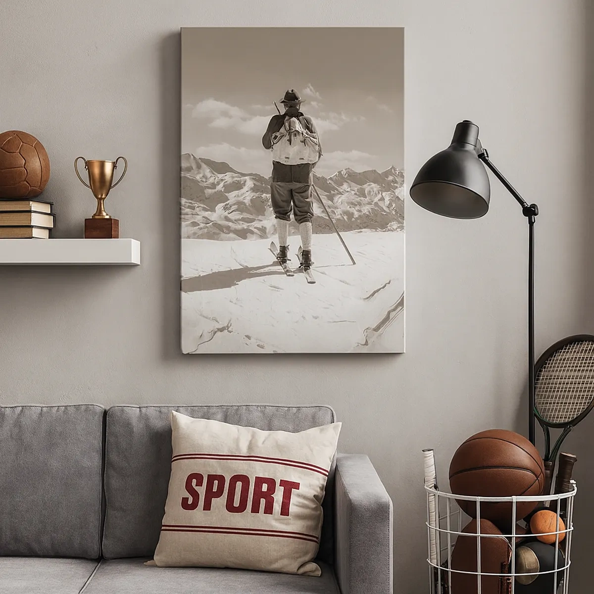 Bild auf Leinwand - Leinwandbild - Ein Skifahrer auf einem Berggipfel in Schwarz und Weiß - 50x70cm - Und die Berge bleiben unverändert - Moderne Wanddekoration für Wohnzimmer und Schlafzimmer ARTTOR