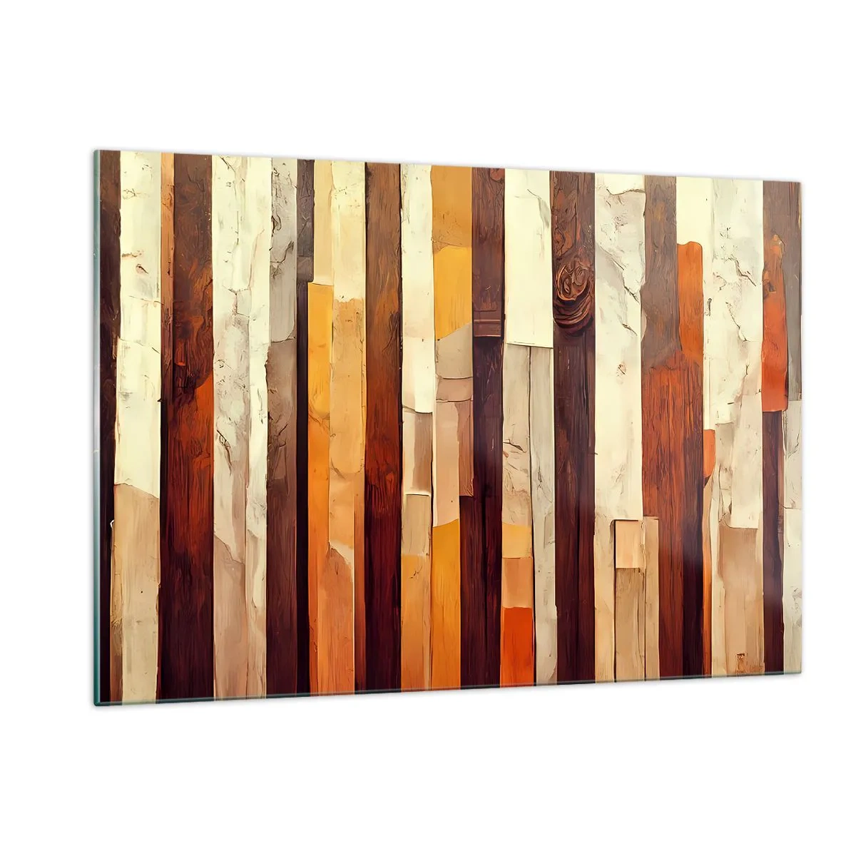 Glasbild - Bild auf glas - Eine Komposition aus vertikalen Streifen in Holz- und Beigetönen - 120x80cm - Hymne der Waldbäume - Moderne Wanddekoration für Wohnzimmer und Schlafzimmer ARTTOR