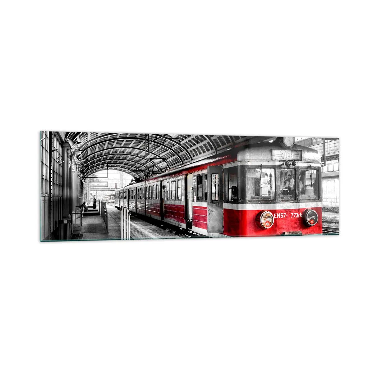 Glasbild - Bild auf glas - Roter Zug am Bahnhof unter einem Dach - 160x50cm - Vielleicht ist es eine Reise Ihres Lebens? - Moderne Wanddekoration für Wohnzimmer und Schlafzimmer ARTTOR