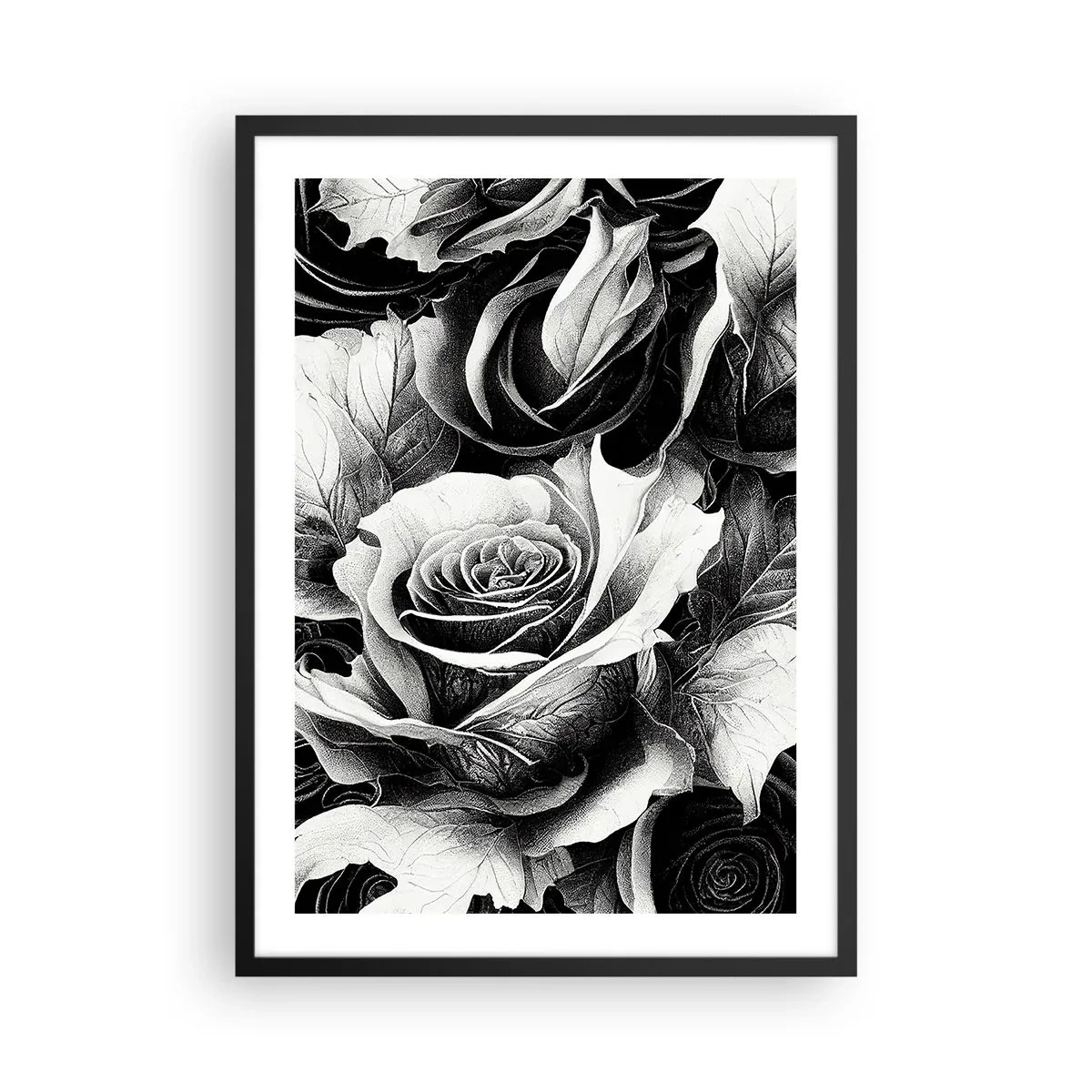 Poster in einem schwarzem Rahmen - Eine schwarz-weiße Komposition aus Rosen mit ausdrucksstarkem Hell-Dunkel - 50x70cm - Immer Königin - Moderne Wanddekoration für Wohnzimmer und Schlafzimmer ARTTOR