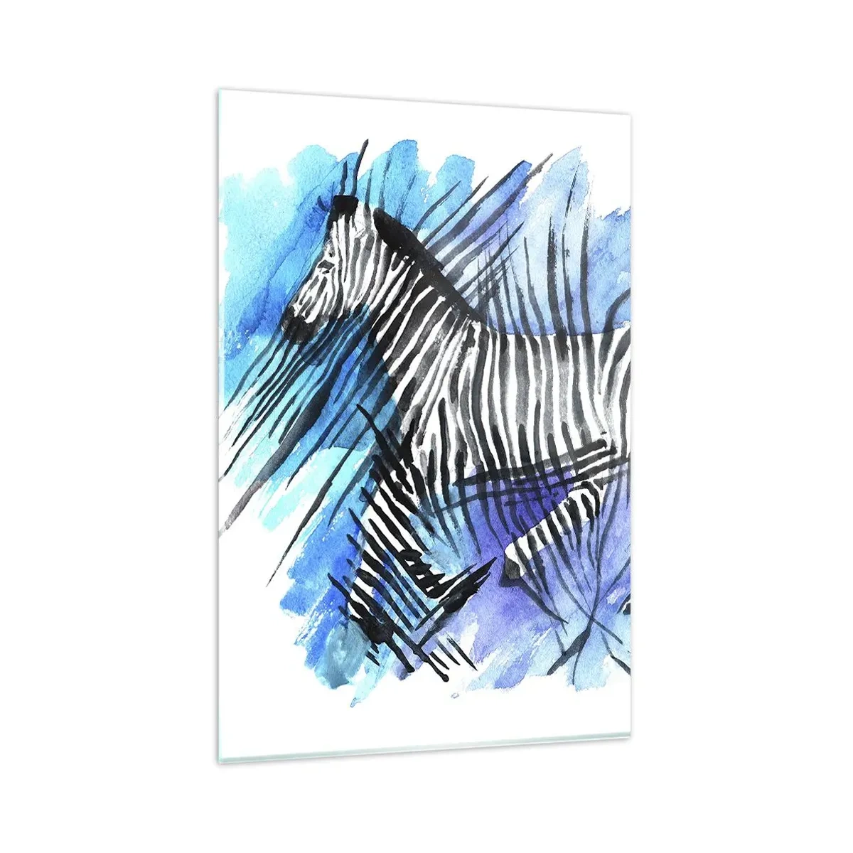 Glasbild - Bild auf glas - Aquarell-Illustration eines Zebras vor blauem Himmel - 80x120cm - In Streifen versteckt - Moderne Wanddekoration für Wohnzimmer und Schlafzimmer ARTTOR