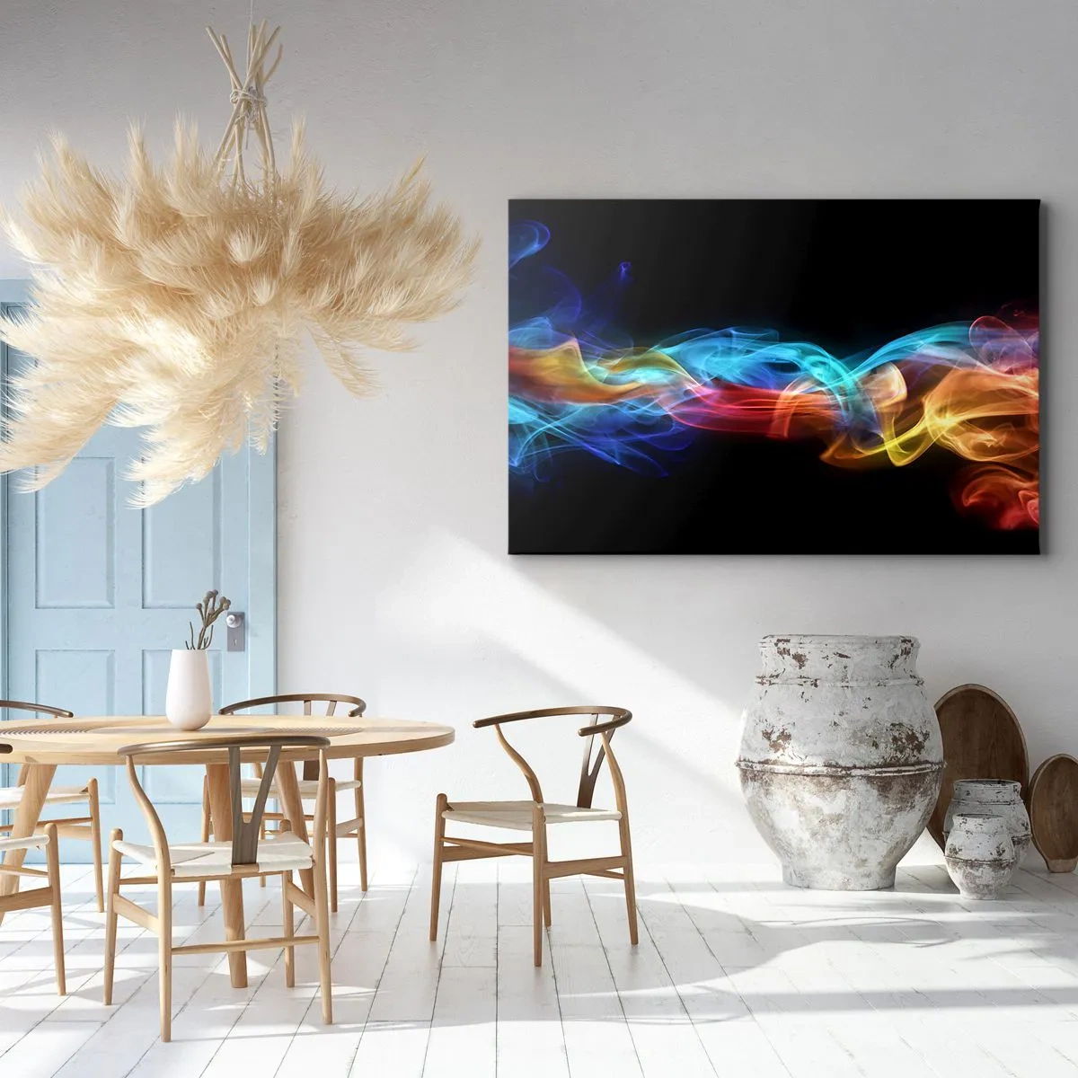 Bild auf Leinwand - Leinwandbild - Bunter Rauch auf schwarzem Hintergrund - 120x80cm - Regenbogentanz der Nebel - Moderne Wanddekoration für Wohnzimmer und Schlafzimmer ARTTOR