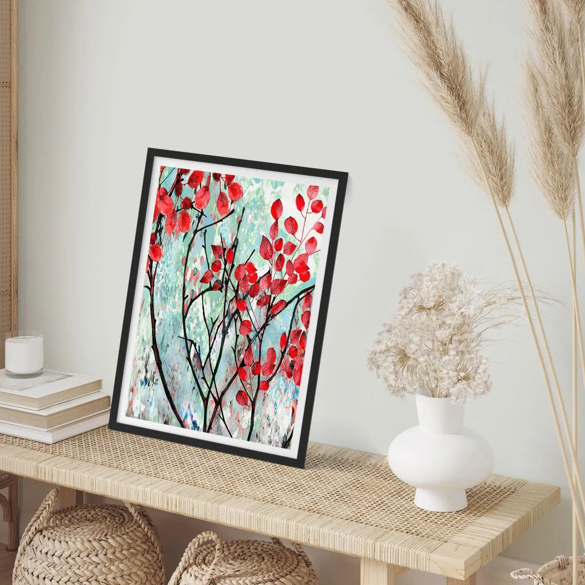 Poster in einem schwarzem Rahmen - Rote Blätter auf einem abstrakten Texturhintergrund - 50x70cm - Baum in Scharlachrot - Moderne Wanddekoration für Wohnzimmer und Schlafzimmer ARTTOR