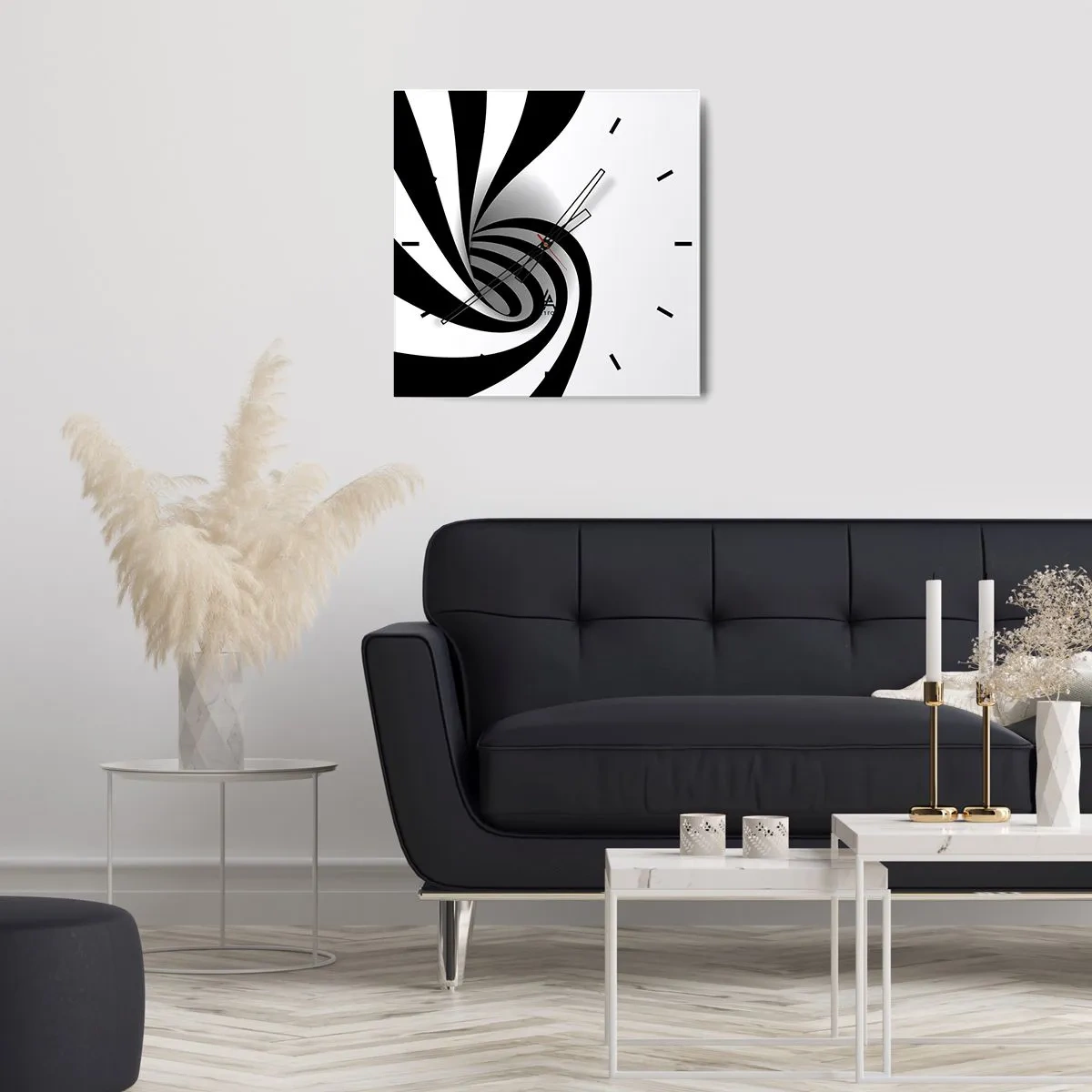 Wanduhr - Glasuhr - Abstrakter optischer Wirbel in Schwarzweiß - 30x30cm - Und doch dreht es sich - Moderne Wanddekoration für Wohnzimmer und Schlafzimmer ARTTOR