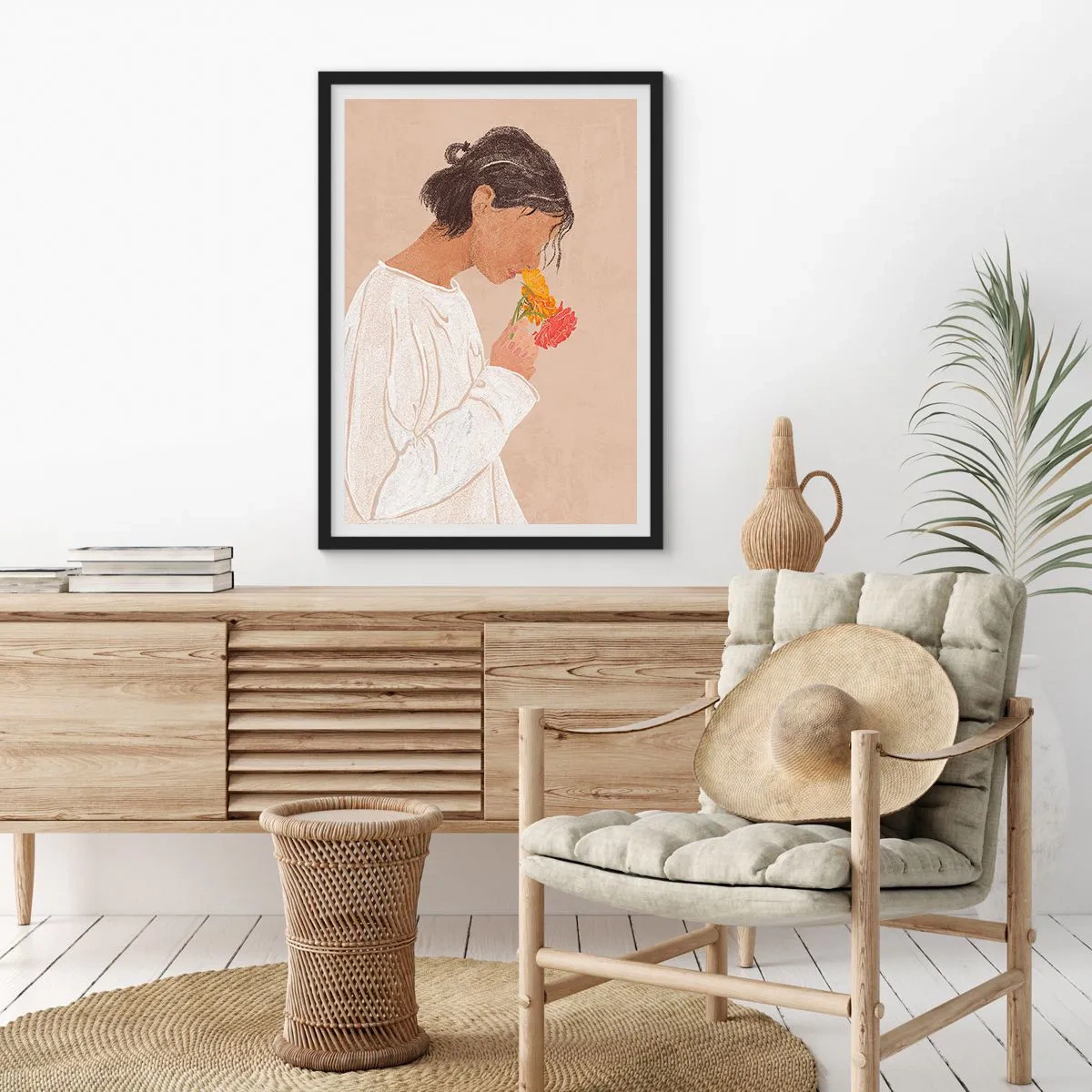 Poster in einem schwarzem Rahmen - Mädchen und Blumen - 61x91 cm