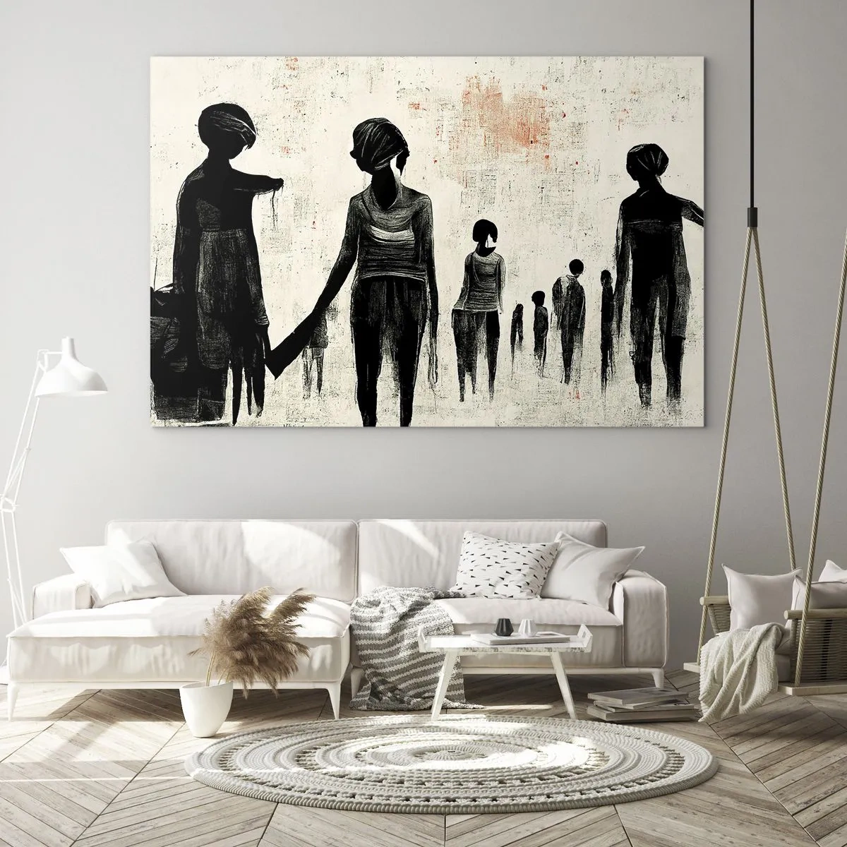 Glasbild - Bild auf glas - Schwarze Figuren in Bewegung auf hellem Hintergrund mit roter Textur - 100x70cm - Gegen die Einsamkeit - Moderne Wanddekoration für Wohnzimmer und Schlafzimmer ARTTOR