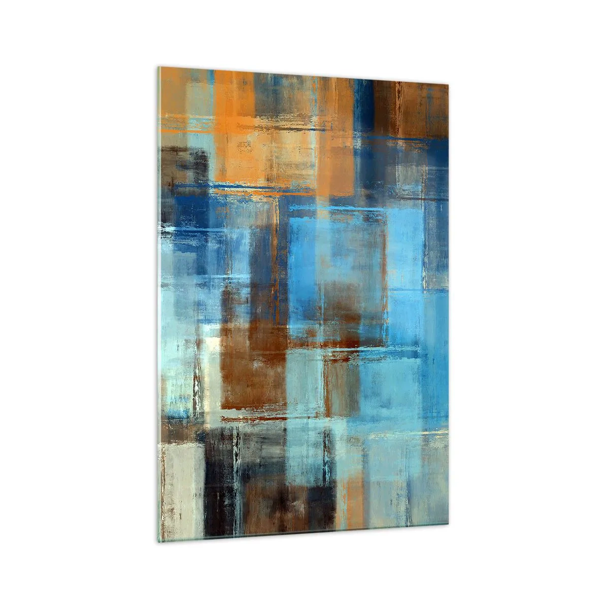 Glasbild - Bild auf glas - Abstrakte geometrische Komposition in Blau- und Brauntönen - 70x100cm - Durch den blauen Schleier - Moderne Wanddekoration für Wohnzimmer und Schlafzimmer ARTTOR