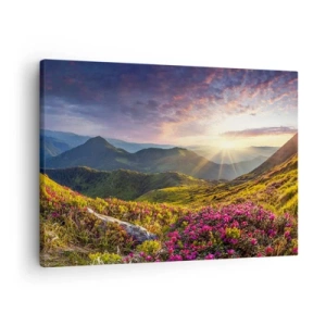 Bild auf Leinwand - Leinwandbild - Berglandschaft mit blühenden Rhododendren - 70x50cm - Frische am Bergmorgen - Moderne Wanddekoration für Wohnzimmer und Schlafzimmer ARTTOR