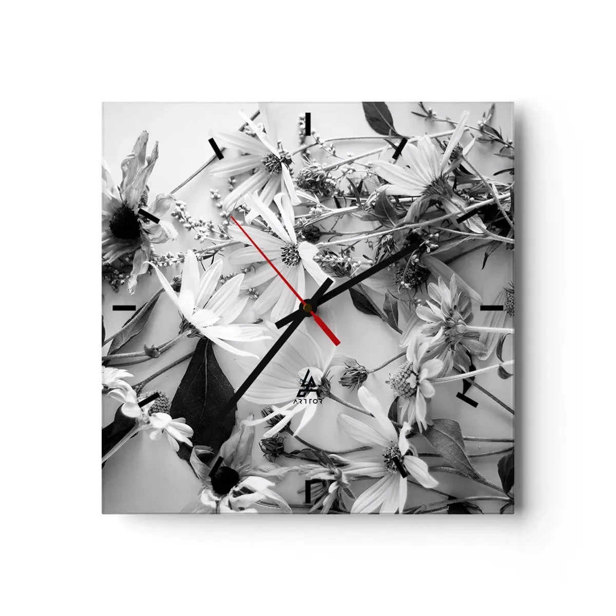 Wanduhr - Glasuhr - Schwarz-weiße Blumenarrangements in dezentem Kunststil - 30x30cm - Kein Blumenstrauß - Moderne Wanddekoration für Wohnzimmer und Schlafzimmer ARTTOR