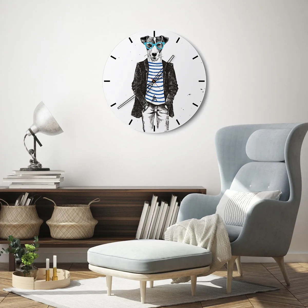 Wanduhr - Glasuhr - Ein Hund mit Brille und Matrosenhemd - 30x30cm - Auf den Charme des Hundes - Moderne Wanddekoration für Wohnzimmer, Küche und Schlafzimmer ARTTOR