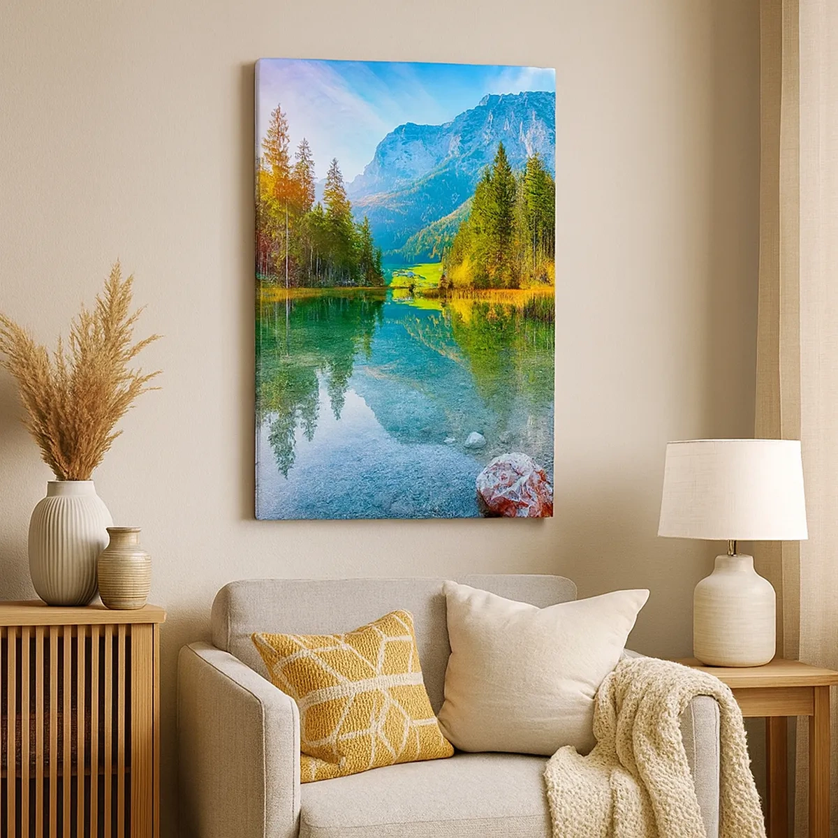 Bild auf Leinwand - Leinwandbild - Ein malerischer See, umgeben von Bergen und Wäldern - 50x70cm - Die Sanftheit des Herbstes - Moderne Wanddekoration für Wohnzimmer und Schlafzimmer ARTTOR