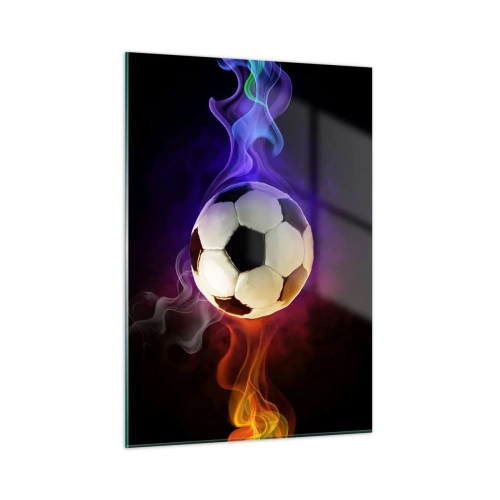 Glasbild - Bild auf glas - Ein Fußball, umgeben von bunten Streifen - 50x70cm - Die magische Kraft des Spiels - Moderne Wanddekoration für Wohnzimmer und Schlafzimmer ARTTOR