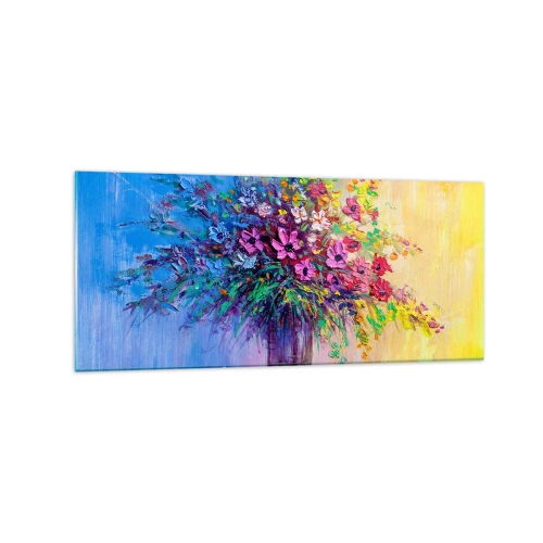 Glasbild - Bild auf glas - Ein bunter Blumenstrauß in einer Vase vor einem Hintergrund mit Farbverlauf - 120x50cm - Sommergeschenk der Wiese - Moderne Wanddekoration für Wohnzimmer und Schlafzimmer ARTTOR