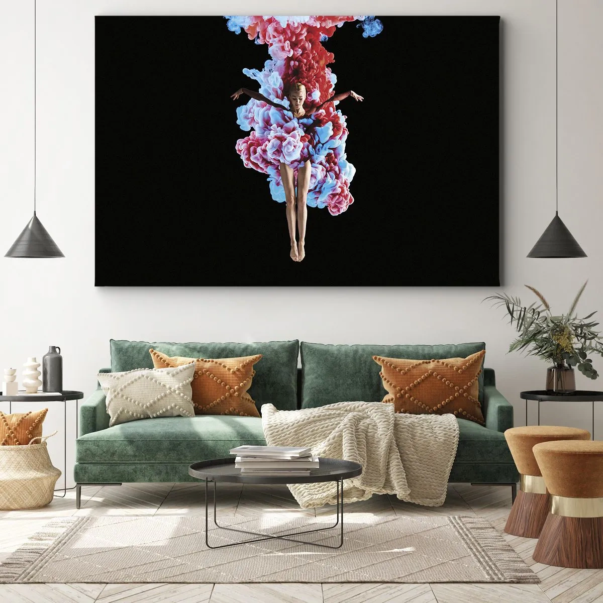 Bild auf Leinwand - Leinwandbild - Eine Tänzerin, umgeben von buntem Rauch auf schwarzem Hintergrund - 70x50cm - In voller Blüte - Moderne Wanddekoration für Wohnzimmer und Schlafzimmer ARTTOR