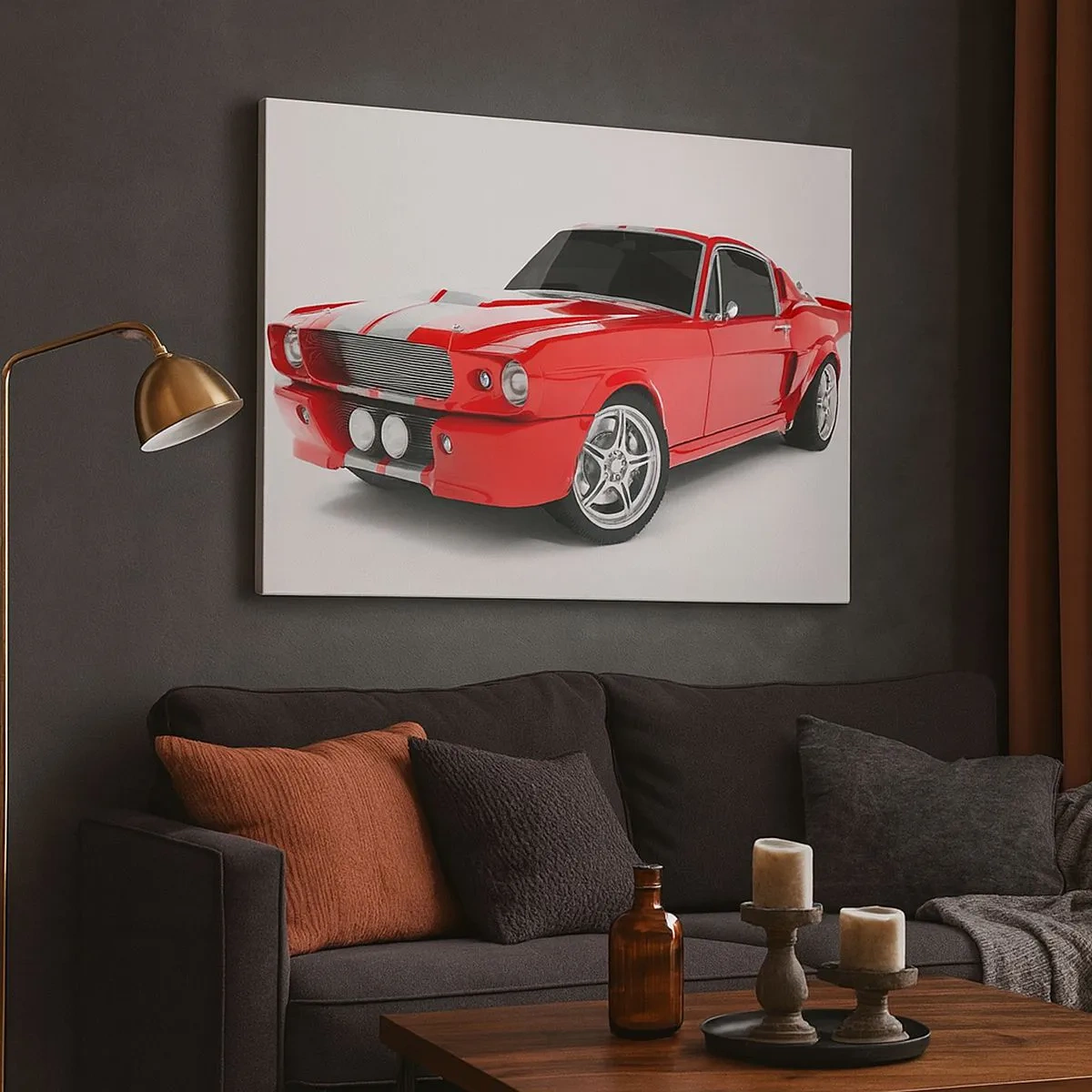 Bild auf Leinwand - Leinwandbild - Roter Sportwagen mit weißen Streifen - 70x50cm - Ein Mustang so schnell wie der Wind - Moderne Wanddekoration für Wohnzimmer und Schlafzimmer ARTTOR