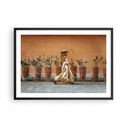Poster in einem schwarzem Rahmen - Eine Frau im Boho-Stil mit Töpfen voller Kakteen im Hintergrund. - 70x50cm - Hippie-Stil - Moderne Wanddekoration für Wohnzimmer und Schlafzimmer ARTTOR