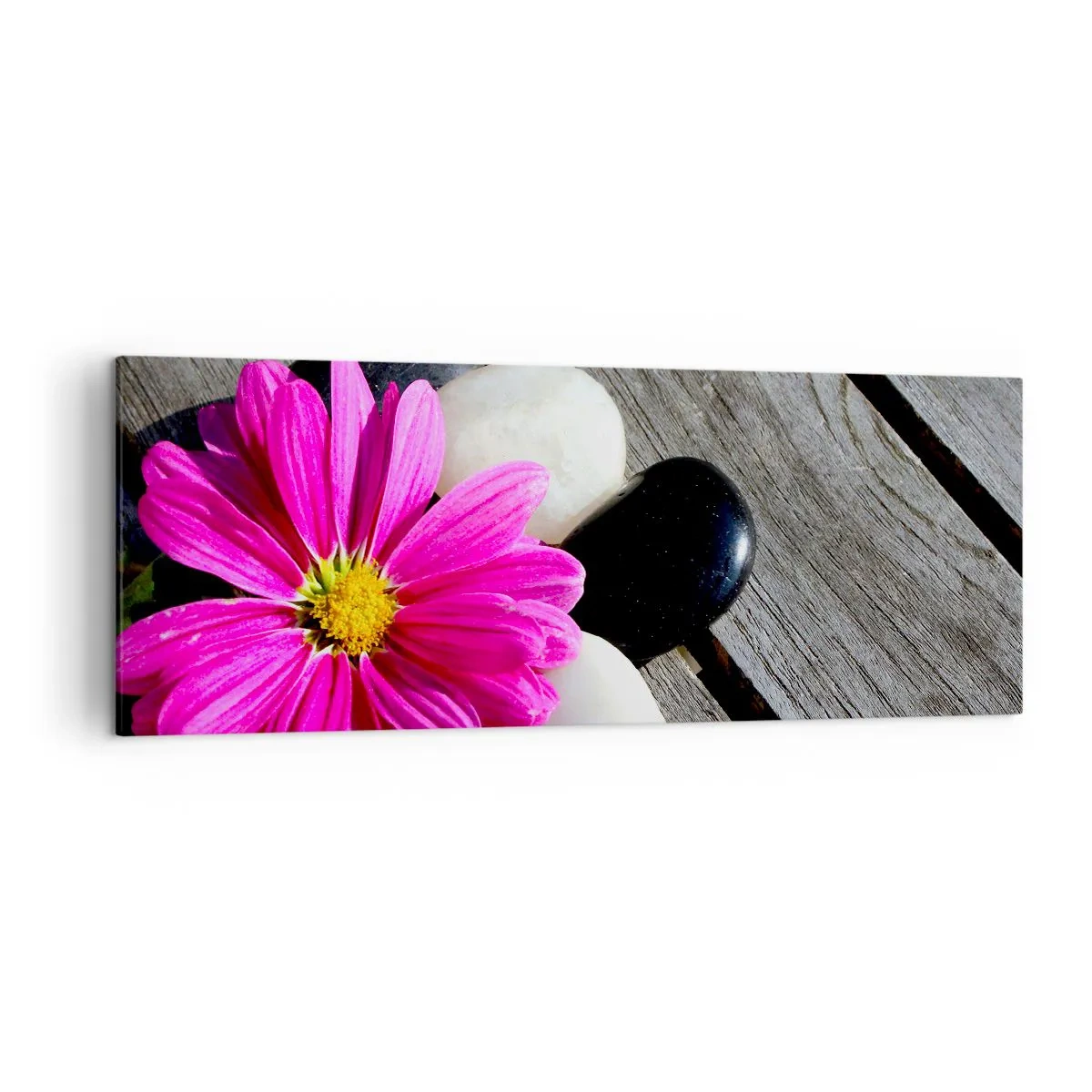 Bild auf Leinwand - Leinwandbild - Rosa Blume auf einem Hintergrund aus Holzbrettern mit Steinen - 140x50cm - Ruhe auf dem Pier - Moderne Wanddekoration für Wohnzimmer und Schlafzimmer ARTTOR