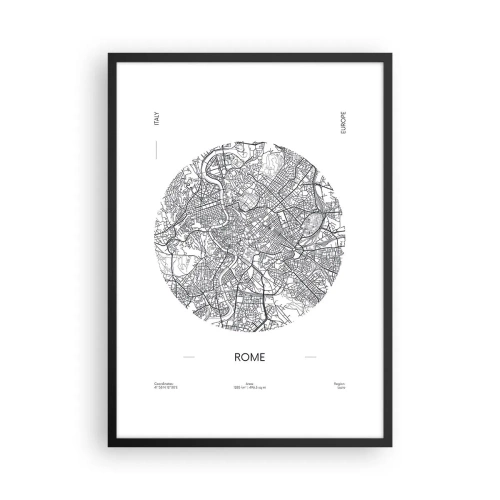 Poster in einem schwarzem Rahmen - Eine minimalistische Karte von Rom in Schwarzweiß. - 50x70cm - Anatomie von Rom - Moderne Wanddekoration für Wohnzimmer und Schlafzimmer ARTTOR