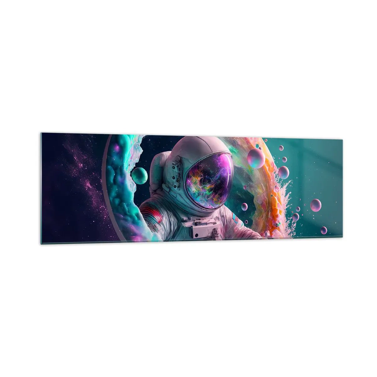 Glasbild - Bild auf glas - Astronaut in einer farbenfrohen kosmischen Aura - 160x50cm - Sternentor - Moderne Wanddekoration für Wohnzimmer und Schlafzimmer ARTTOR