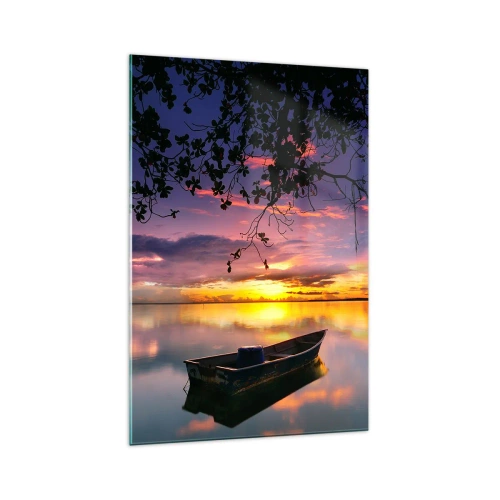 Glasbild - Bild auf glas - Ein Boot auf ruhigem Wasser bei Sonnenuntergang - 70x100cm - Du scheinst mitten am Himmel zu hängen... - Moderne Wanddekoration für Wohnzimmer und Schlafzimmer ARTTOR
