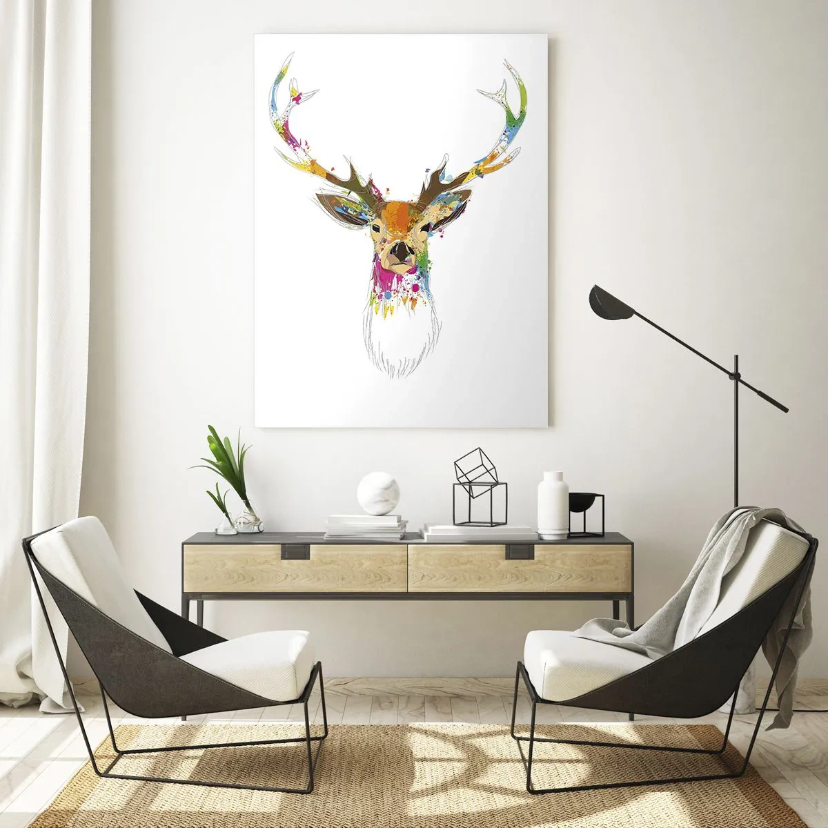 Glasbild - Bild auf glas - Bunte Silhouette eines Hirsches auf weißem Hintergrund in einem abstrakten Stil - 50x70cm - Ein mildes Reh in Farbe getaucht - Moderne Wanddekoration für Wohnzimmer und Schlafzimmer ARTTOR