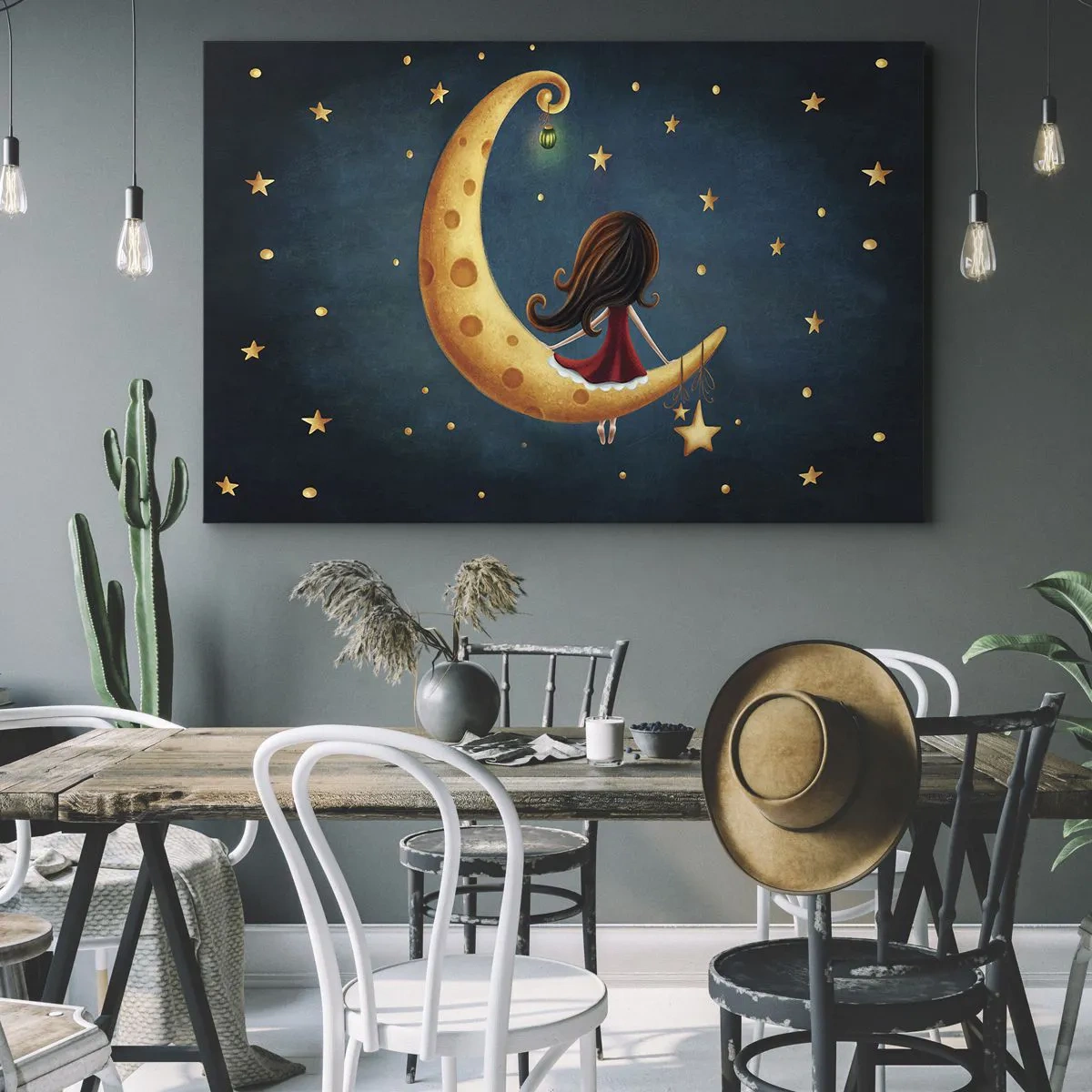 Bild auf Leinwand - Leinwandbild - Ein Mädchen auf dem Mond, umgeben von Sternen - 70x50cm - Einmal… - Moderne Wanddekoration für Wohnzimmer und Schlafzimmer ARTTOR