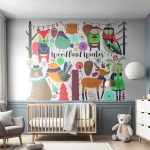 Selbstklebende Fototapete Deluxe Sticker - Märchenhafter Urlaub im Wald - Für Kinder, Winter im Wald, Tiere - 200x140 cm