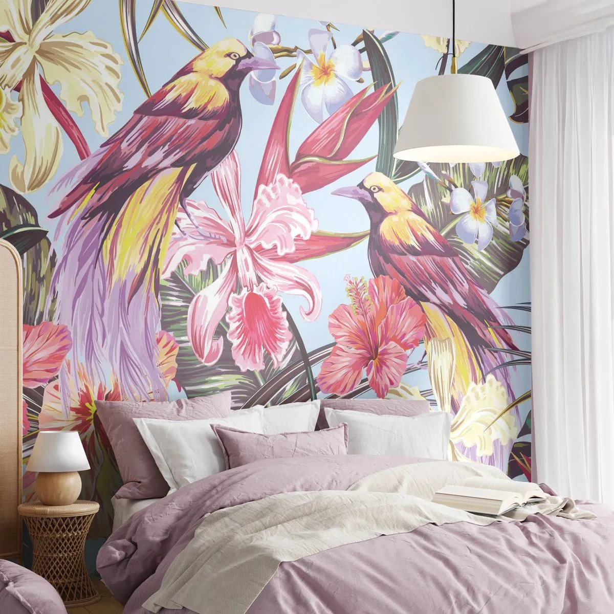 Fototapete Standard Eco - Blütenblätter und Federn - Vogel, Blumen, Garten - 500x350 cm