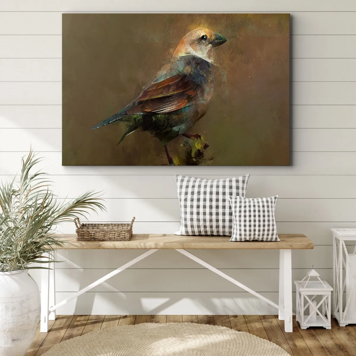 Bild auf Leinwand - Leinwandbild - Eine künstlerische Interpretation eines Spatzen auf braunem Hintergrund - 70x50cm - Ein Spatz, ein kleines Vögelchen - Moderne Wanddekoration für Wohnzimmer und Schlafzimmer ARTTOR