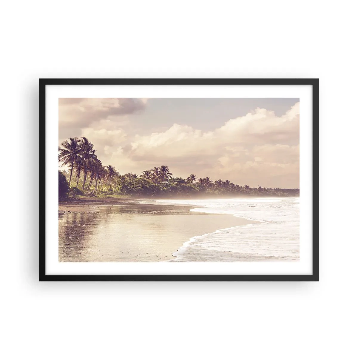 Poster in einem schwarzem Rahmen - Ein Strand mit Palmen und sanften Wellen am Morgen - 70x50cm - Die Liebkosung der Wellen - Moderne Wanddekoration für Wohnzimmer und Schlafzimmer ARTTOR