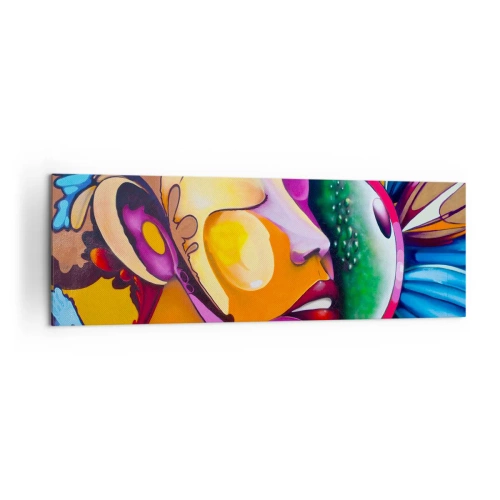 Bild auf Leinwand - Leinwandbild - Eine farbenfrohe Abstraktion mit einem Gesichtsmotiv in einer dynamischen Komposition - 160x50cm - Mit Farbe berühren - Moderne Wanddekoration für Wohnzimmer und Schlafzimmer ARTTOR