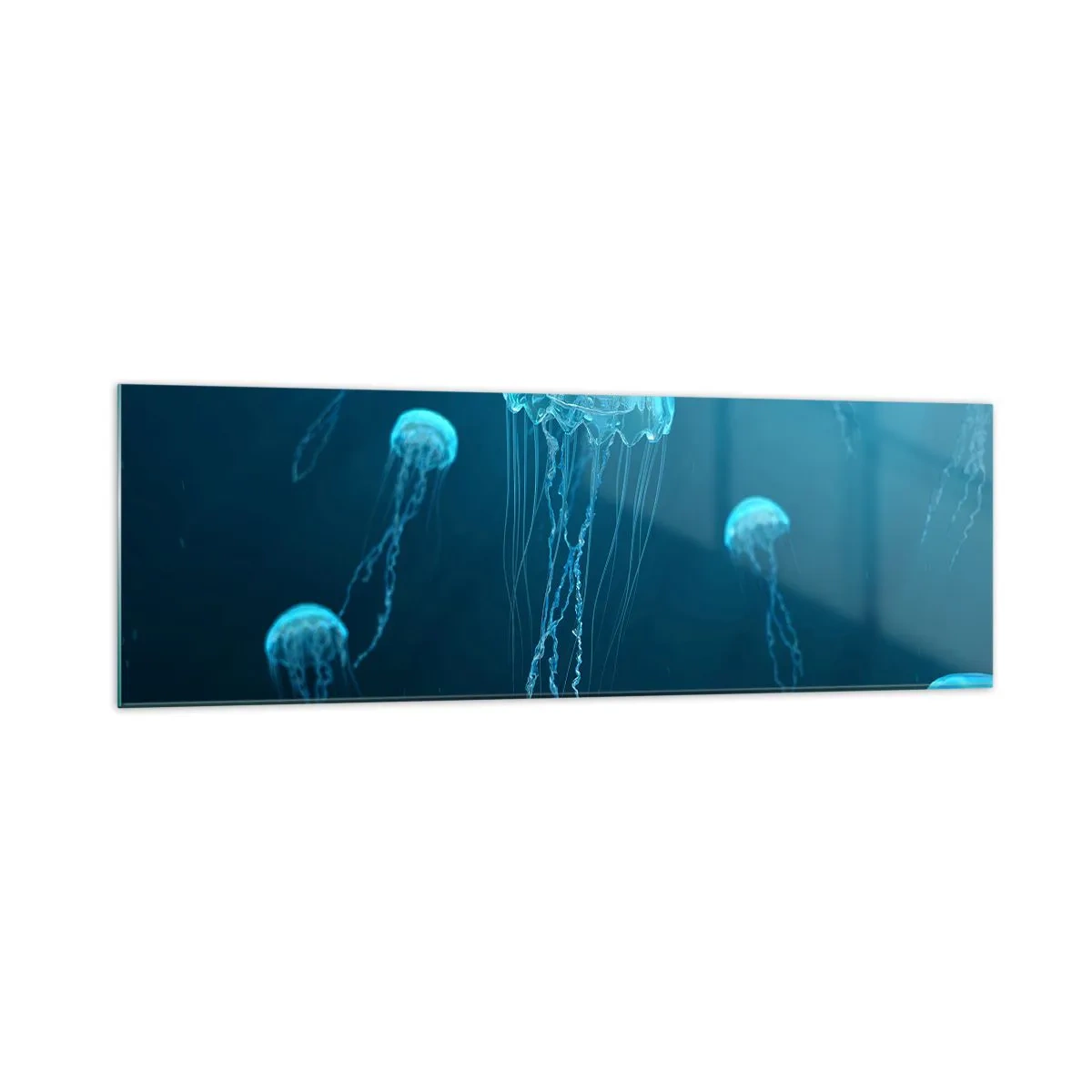 Glasbild - Bild auf glas - Quallen schwimmen in den Tiefen des Ozeans in Blautönen - 160x50cm - Ozeantanz - Moderne Wanddekoration für Wohnzimmer und Schlafzimmer ARTTOR