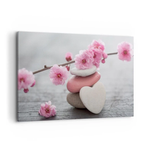 Bild auf Leinwand - Leinwandbild - Zarte Kirschblüten mit herzförmigen Steinen - 100x70cm - Glückseligkeit mit einer Kirschblüte - Moderne Wanddekoration für Wohnzimmer und Schlafzimmer ARTTOR