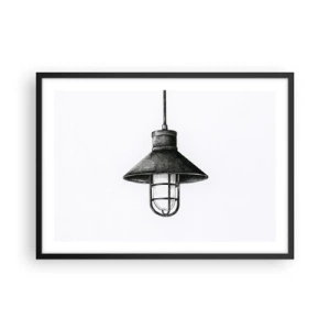 Poster in einem schwarzem Rahmen - Zeichnung einer Retro-Hängelampe auf weißem Hintergrund - 70x50cm - Wie vor Jahren… - Moderne Wanddekoration für Wohnzimmer und Schlafzimmer ARTTOR